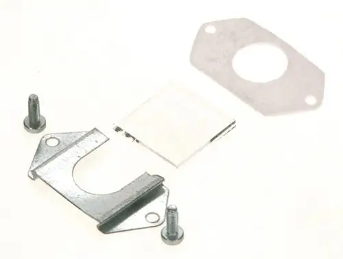 BOSCH Produktteile, bestehend aus einer Metallhaltevorrichtung, einer transparenten Platte und einer Dichtung sowie zwei Schrauben, angeordnet auf einem hellen Hintergrund.